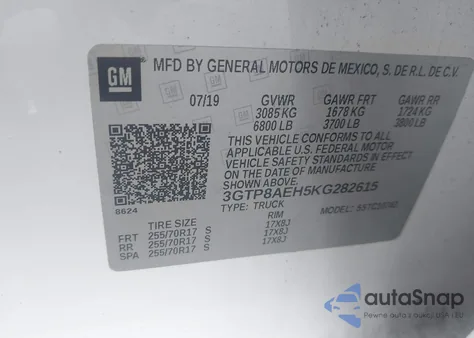 2019 GMC Sierra 1500 z USA, uszkodzony, nr VIN 3GTP8AEH5KG282615